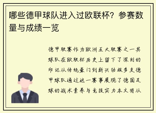 哪些德甲球队进入过欧联杯？参赛数量与成绩一览